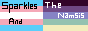 A 88x31 button that has the asymmetrically spelled text 'Sparkles And The Namsis', the background is the transgender flag on left and the plural flag on right